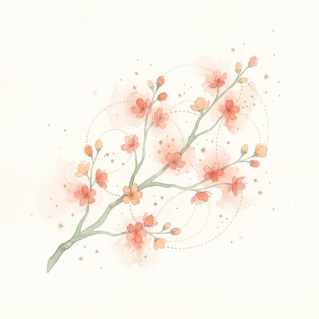 Watercolor blossom branch painted as a constellation — personality dimensions connected