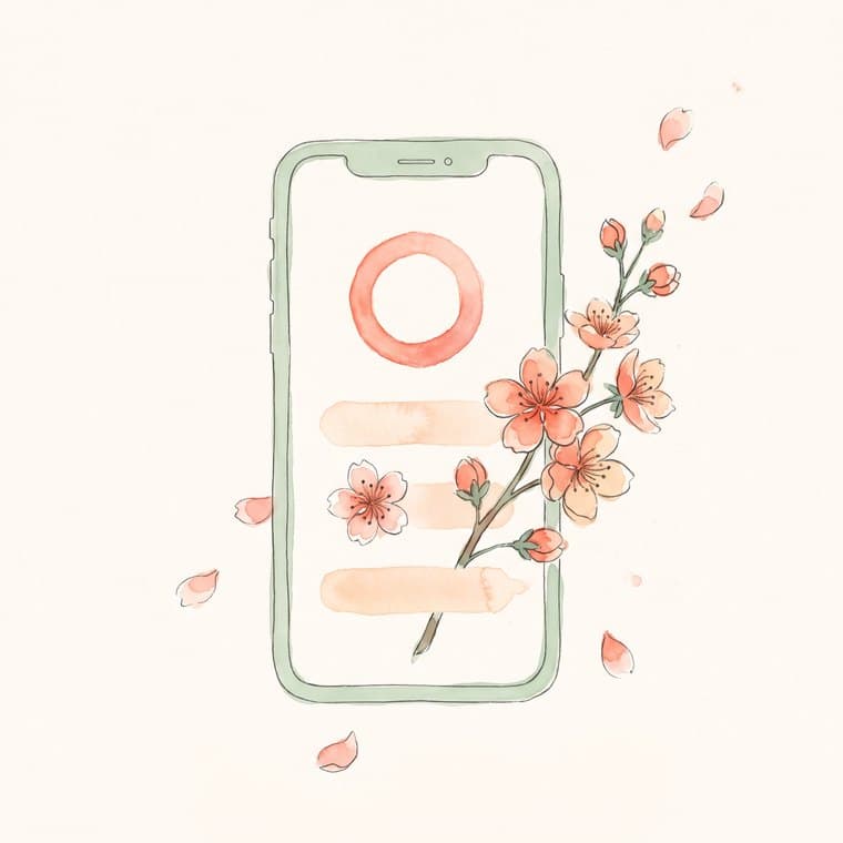 Watercolor illustration of a phone outline holding abstract shapes, with a cherry blossom branch growing out past its frame