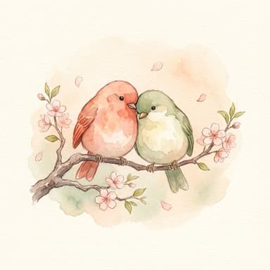 Two watercolor songbirds together on a cherry blossom branch